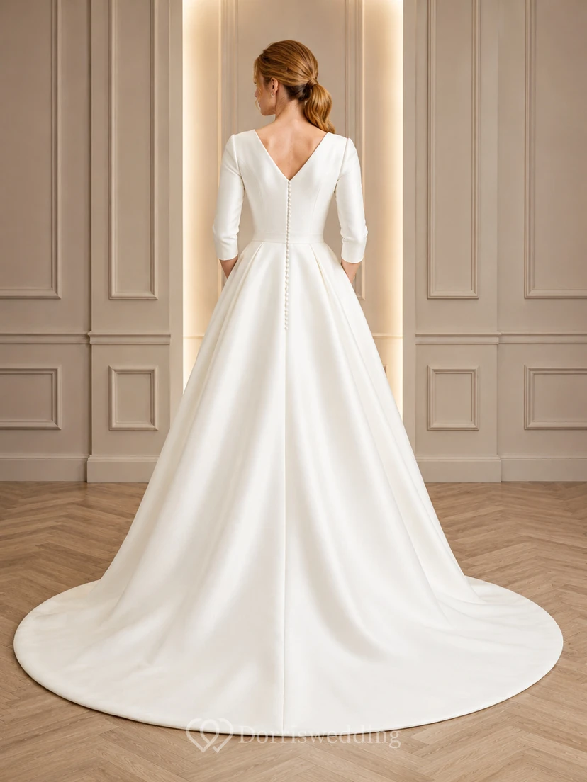 Classic Modest V-Neck Three Quarter Sleeve Satin Ball Gown Court Train Wedding Dress view 2