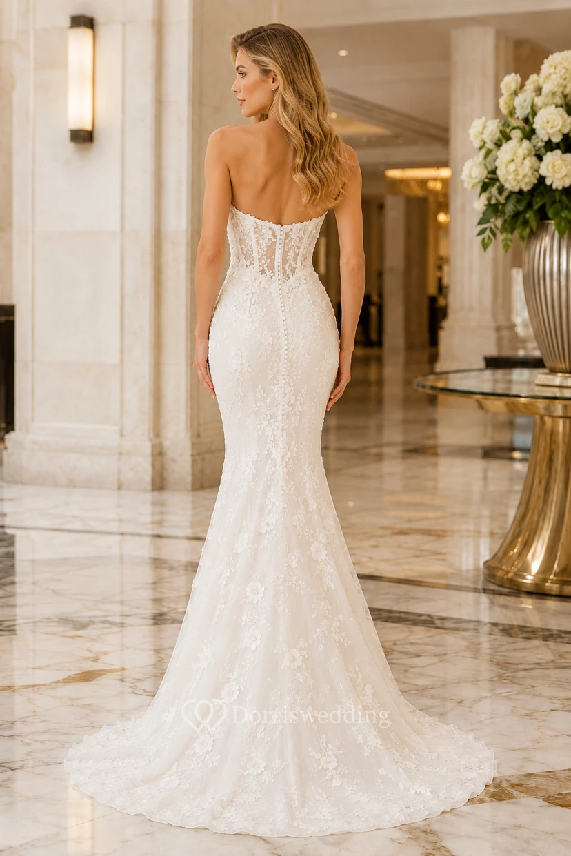 Evening Gown Ivory Lace Tulle Mermaid Strapless Sweetheart Sweep Train view 2