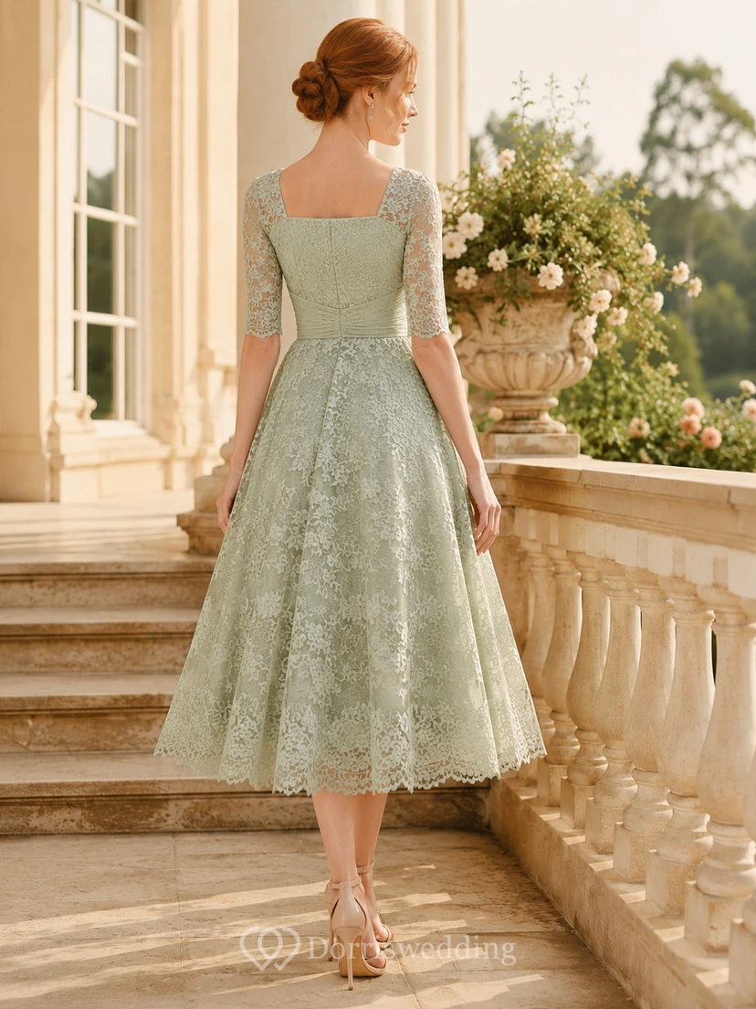 Sage Lace Cap Sleeve Pastel Ceremony Tea Dress view 2