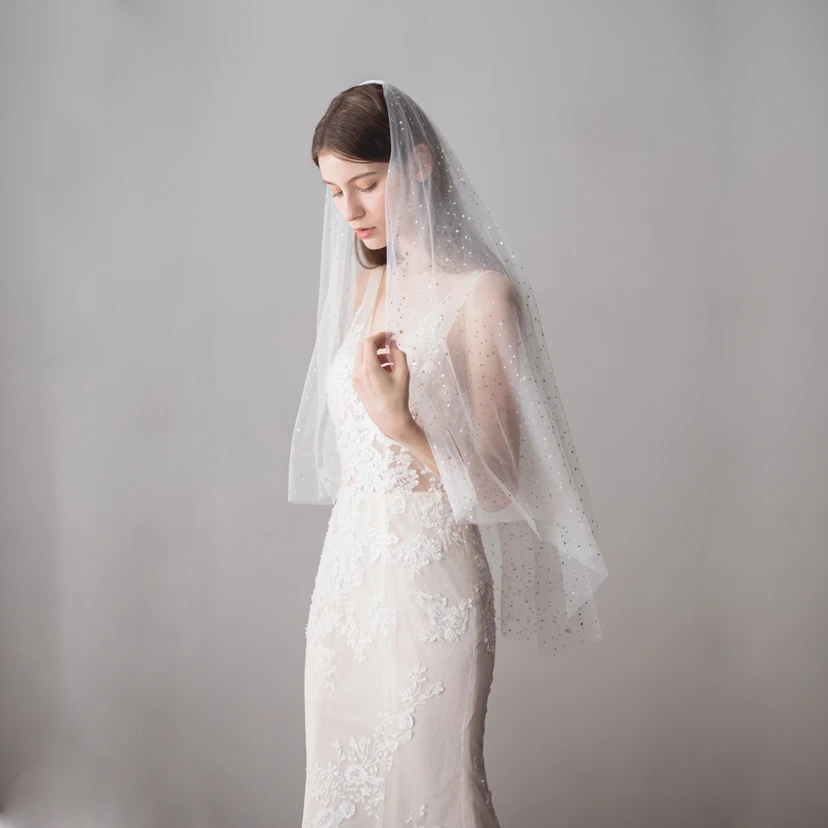Korean Style Two Tier Fingertip Veil with Stars view 3