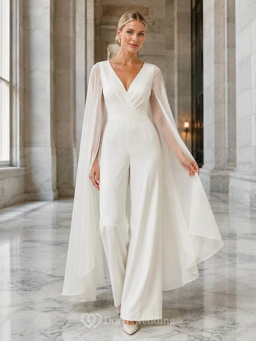 Courthouse Bridal V-Neck Cape Sleeve Jumpsuit Wedding Dress