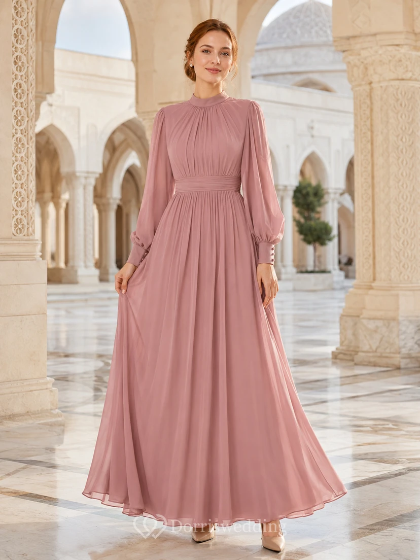 Blush High Neck Long Sleeve Pleated Modest Maxi Dress