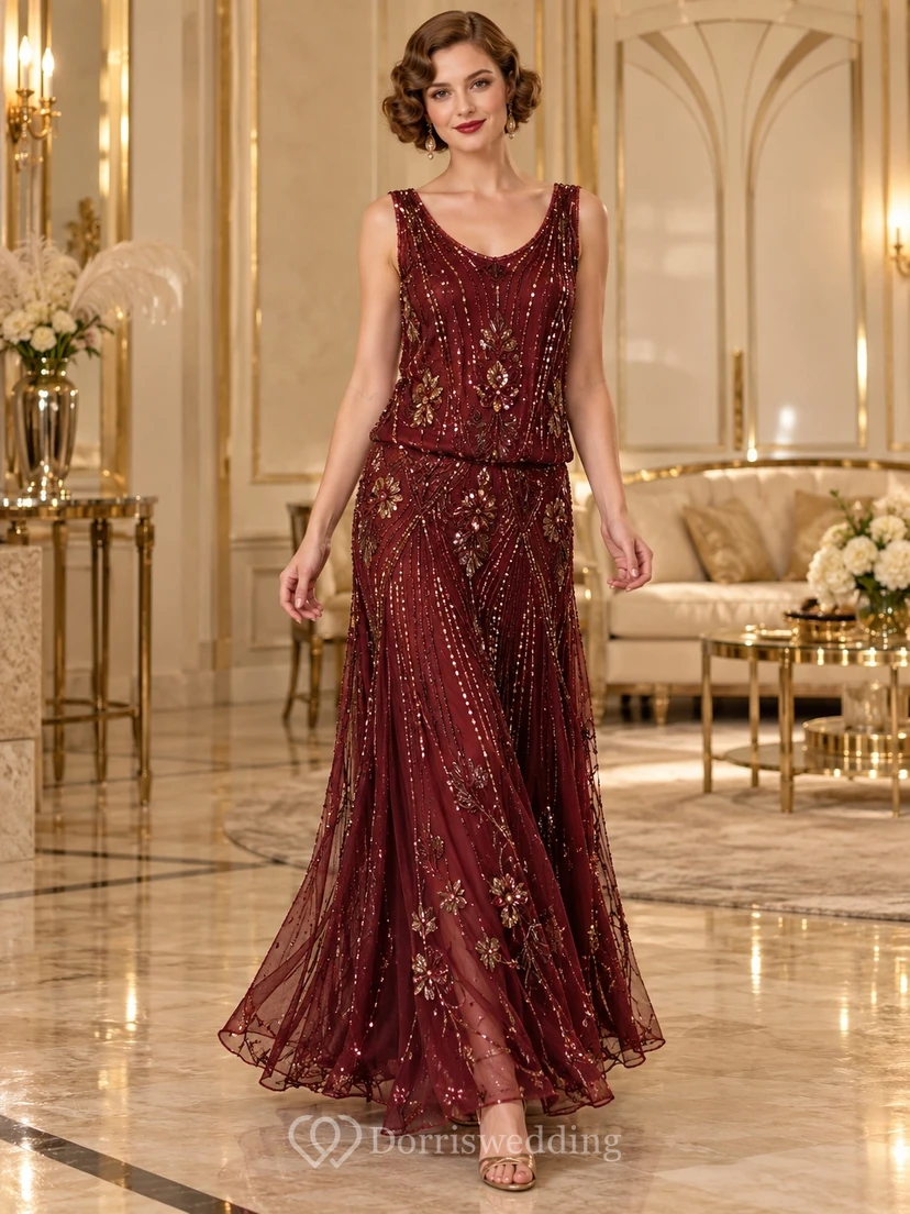 1920s Burgundy Scoop Neck Sleeveless Beaded Botanical Long Evening Dress