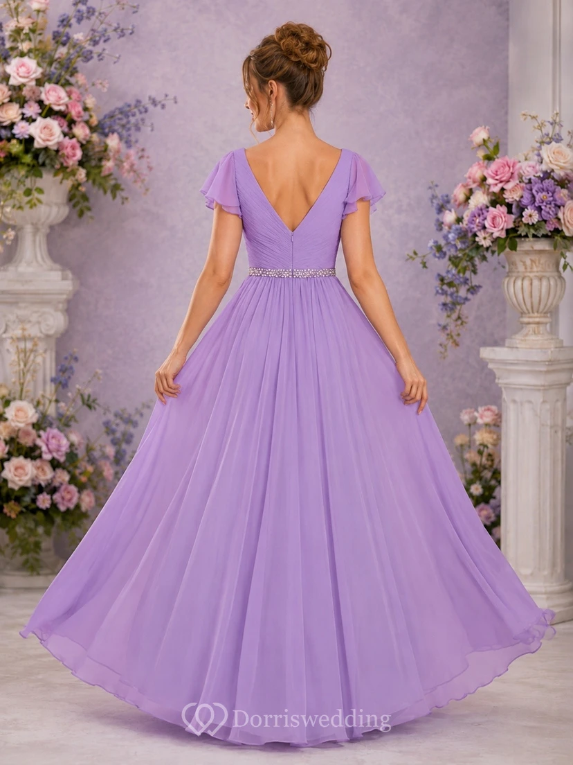 Romantic Lavender V-neck Short Sleeve Tulle Ball Gown Formal Dress view 2