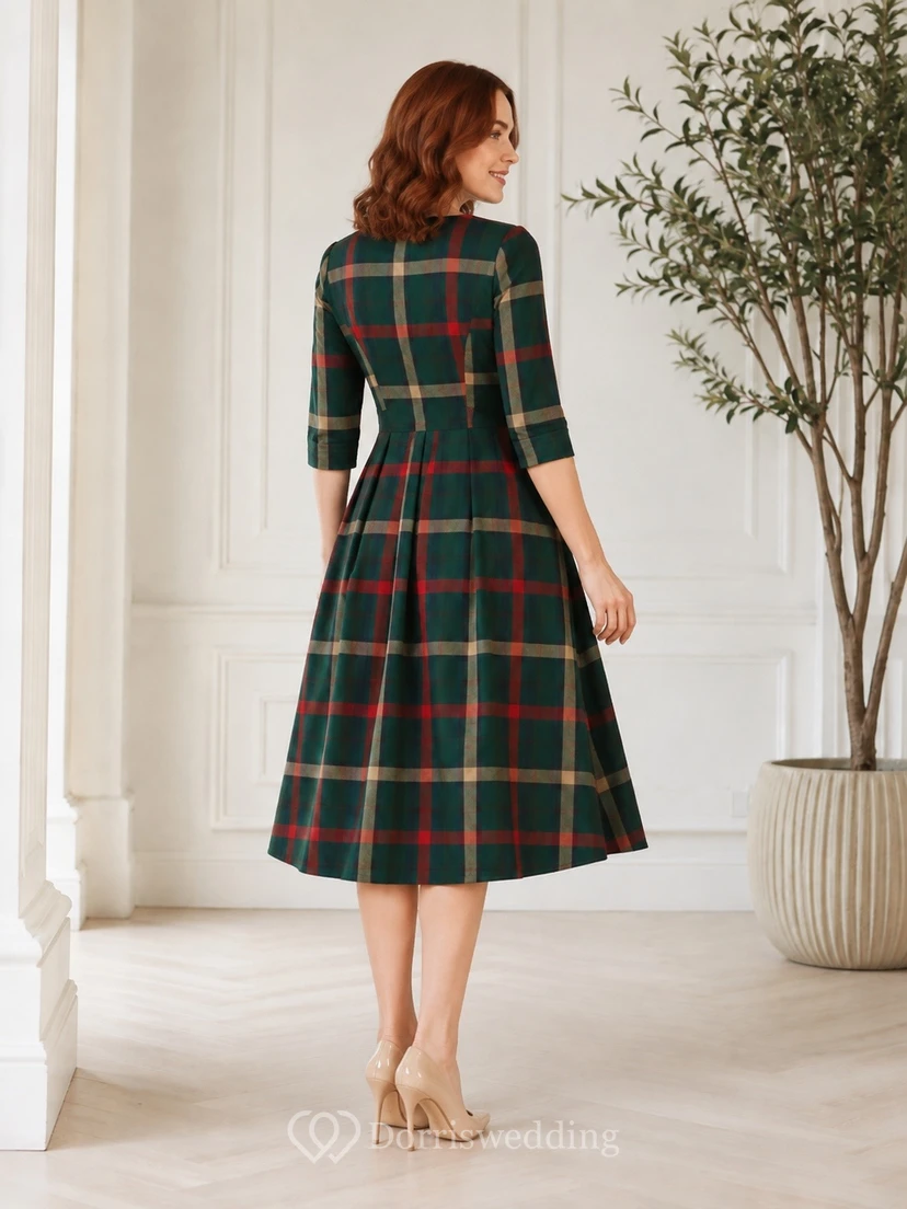 Vintage Plaid Jewel-Neck Three-Quarter-Sleeve A-Line Midi Dress view 2