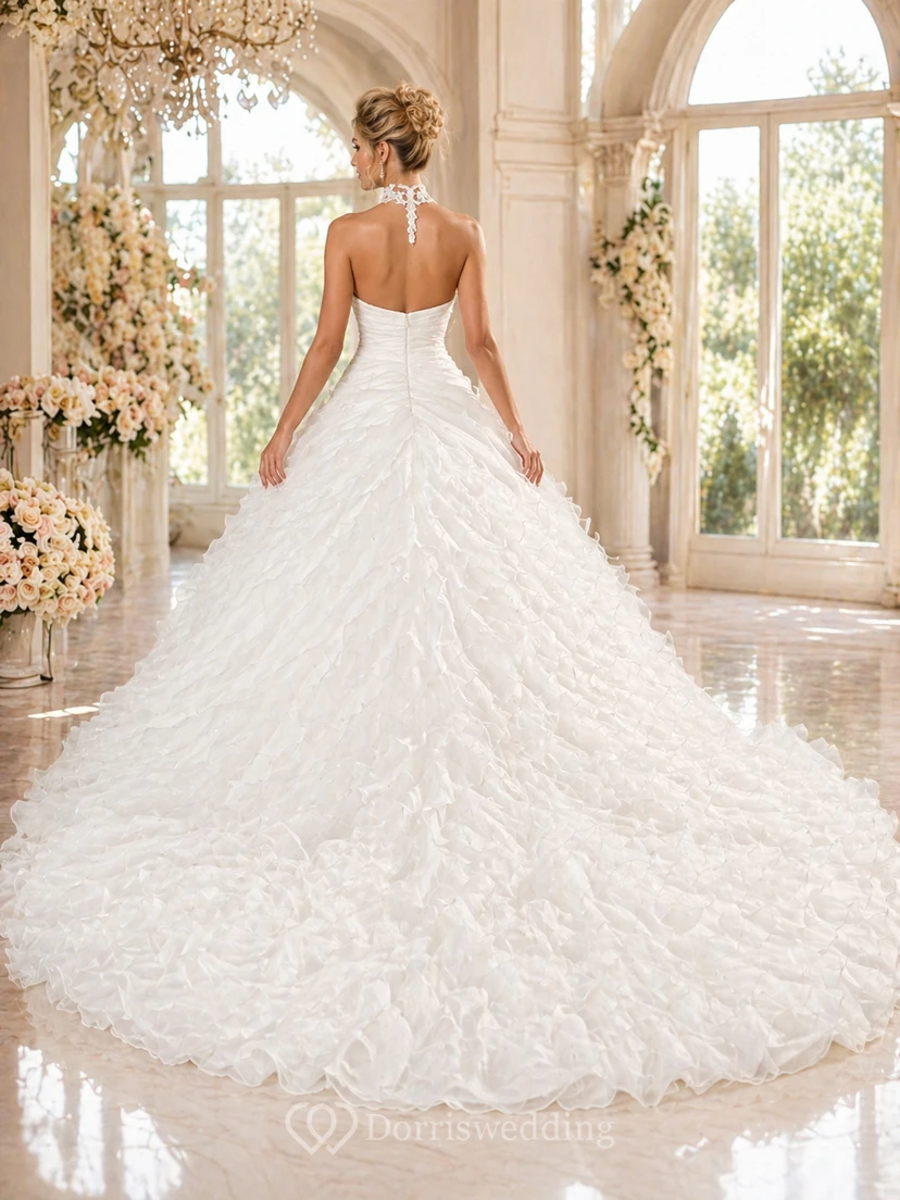 Gorgeous Ruffles Lace High Neck Wedding Dress Court Train Zipper view 2