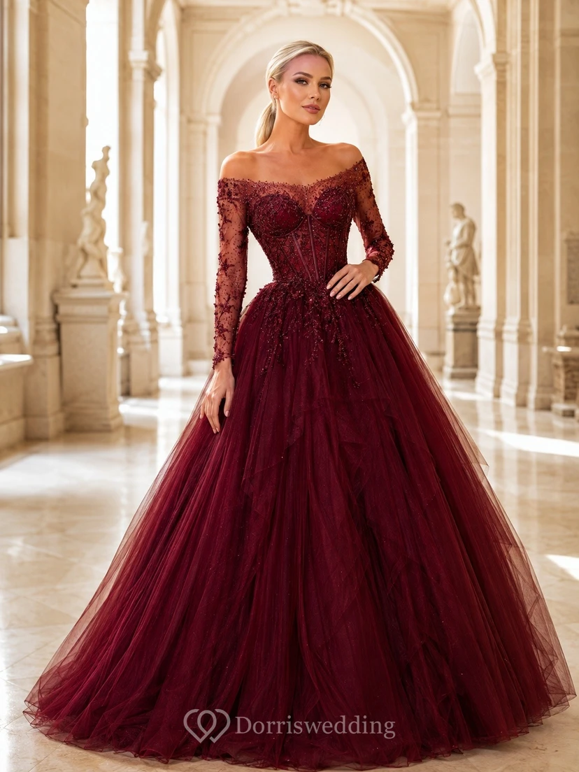 Luxury Burgundy Tulle Ball Gown Floor-Length Off-Shoulder Long Sleeve Prom Dress
