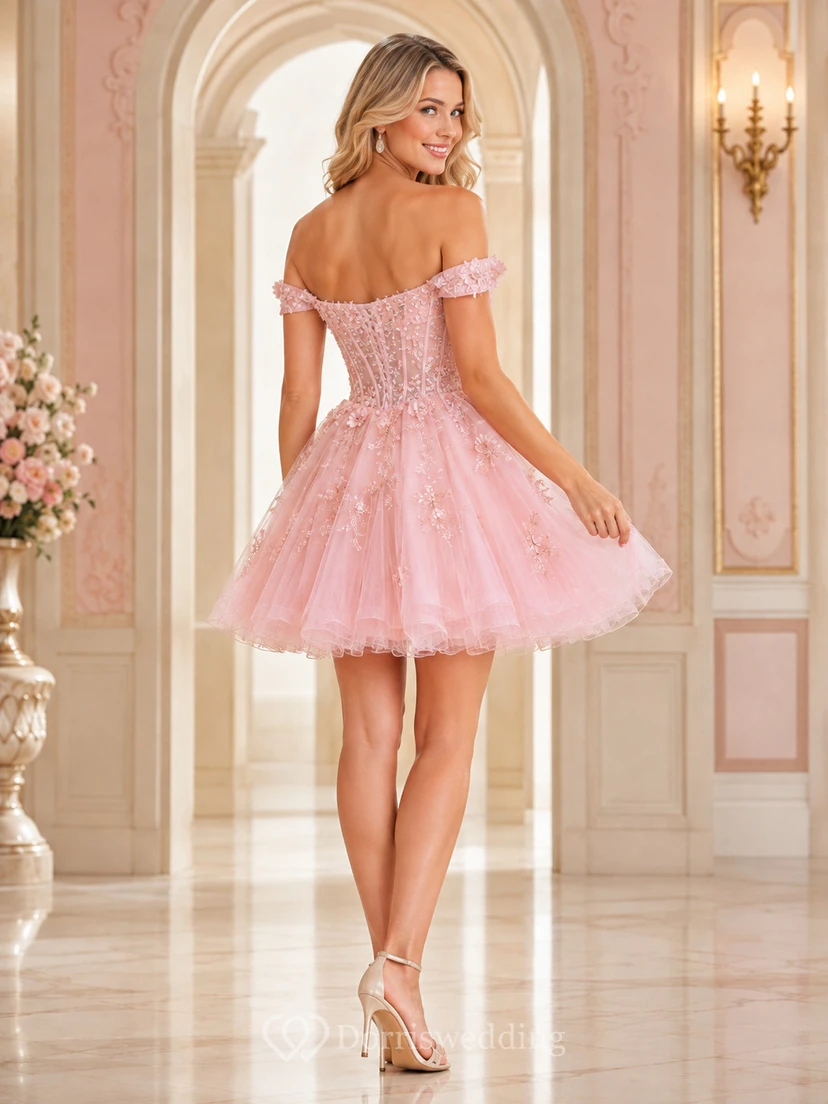 Blushing Pink Off-Shoulder Sweetheart Beaded Tulle Homecoming Dress Luxury Celebrity view 2