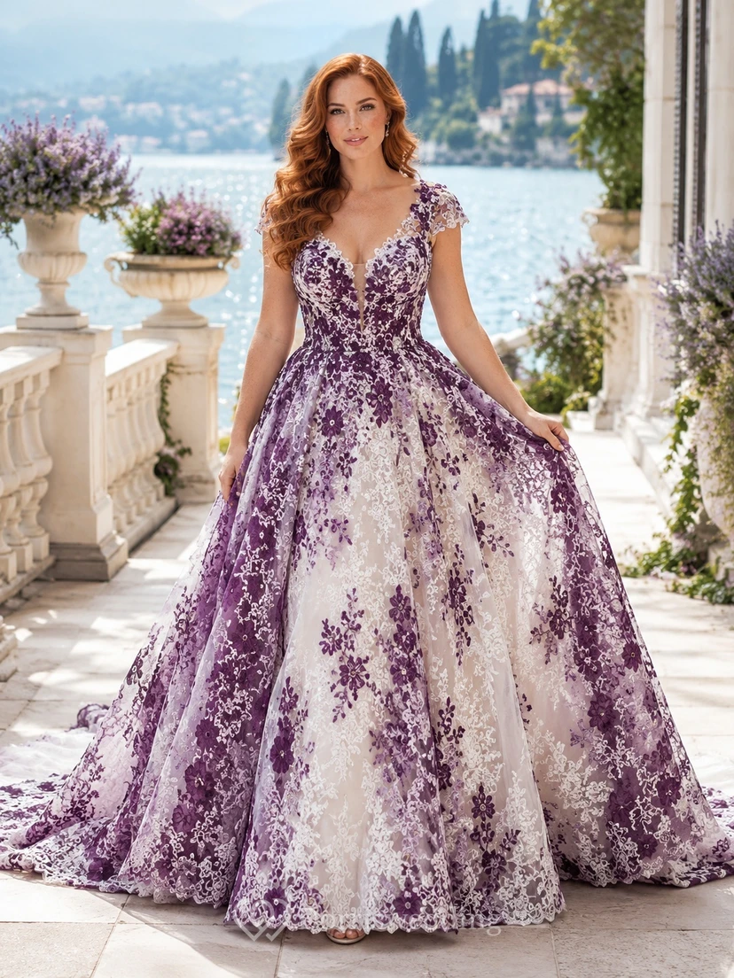 Purple Floral Ball Gown Lace Bridal Dress V-neck Sleeveless Cathedral Train