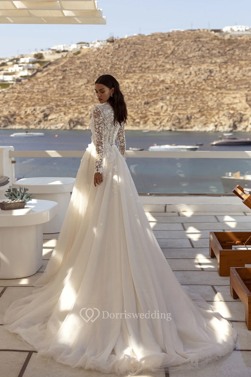 Long-Sleeve Modest Wedding Dress | High Turtle Neck Lace  Ivory Bridal Gown view 2