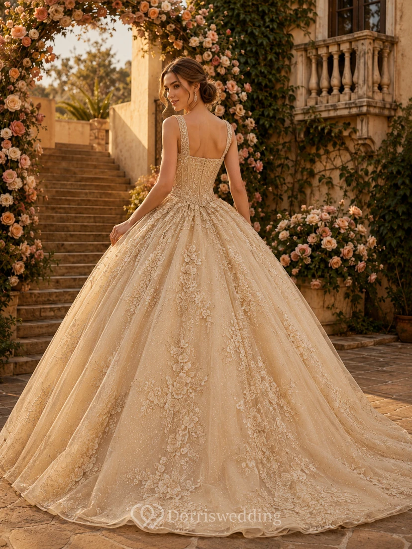 Champagnerfarbenes Prinzessinnen-Ballkleid mit floralem Bogen, quadratischen Trägern und goldener Metallic-Spitze für Quinceañeras im Innenhof view 2