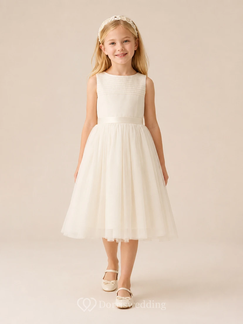 Lace Tulle A-Line Flower Girl Dress with Short Sleeves, Jewel Neck and Tea-Length Skirt
