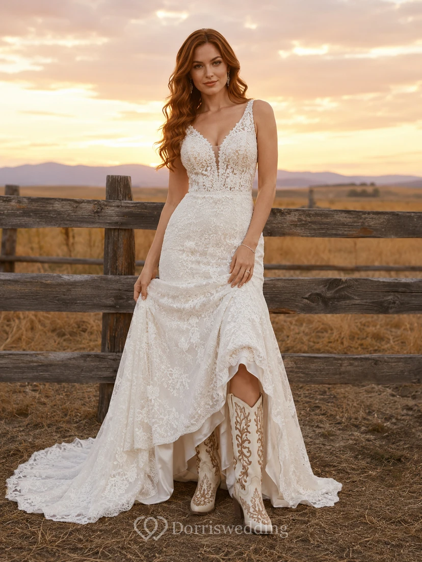 Robe de mariée de maternité en tulle dentelle à col carré, bretelles et longue traîne