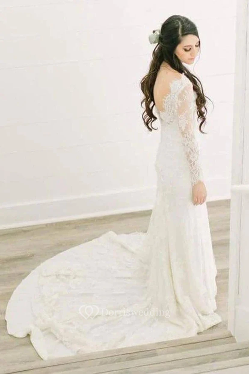 Langärmeliges Brautkleid aus Spitze mit V-Ausschnitt, Illusionsausschnitt, tiefem Rückenausschnitt und Schleppe view 2