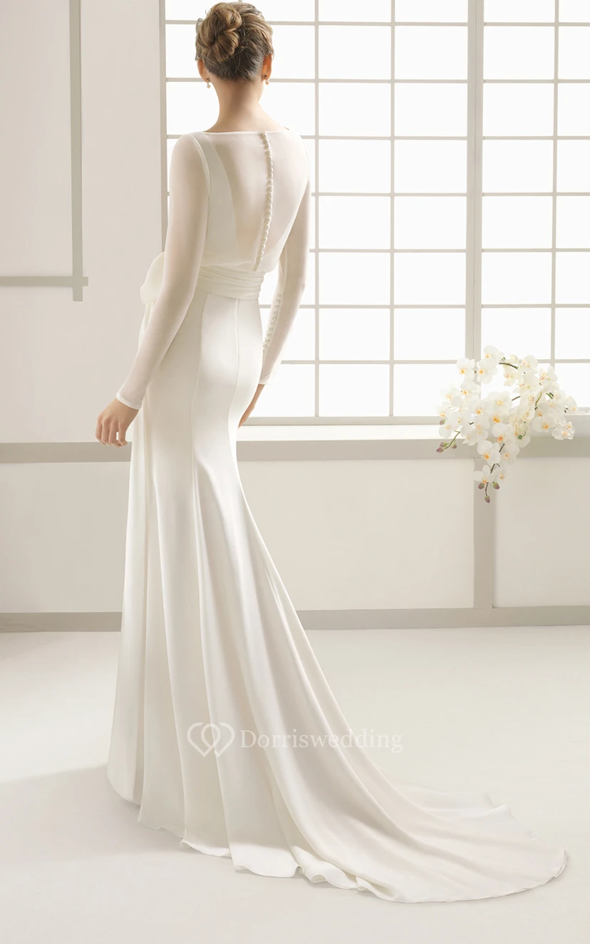 Fließendes, langärmeliges Kleid zur Erneuerung des Eheversprechens mit Schleife und Zierknöpfen view 3