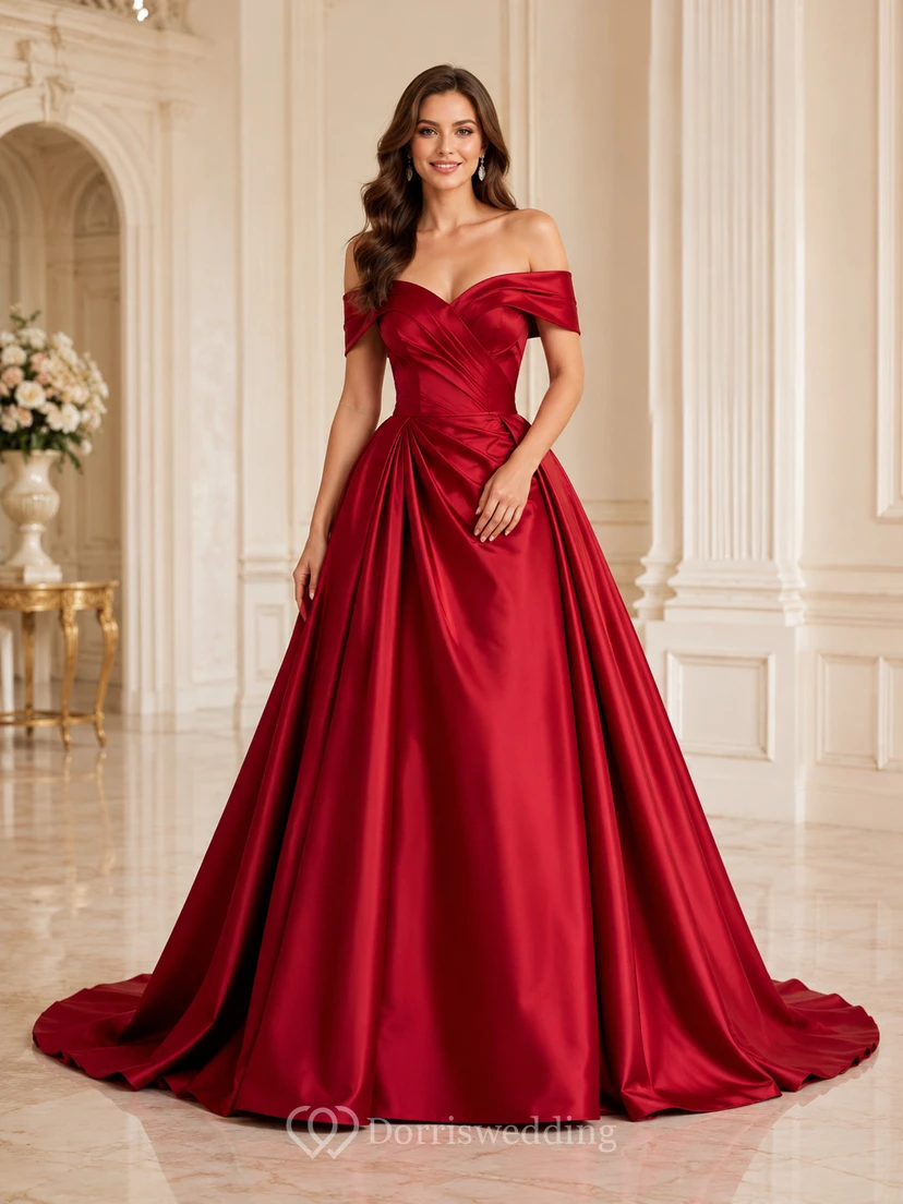 Rotes, schulterfreies, herzförmiges, plissiertes Luxus-Abendkleid aus Satin