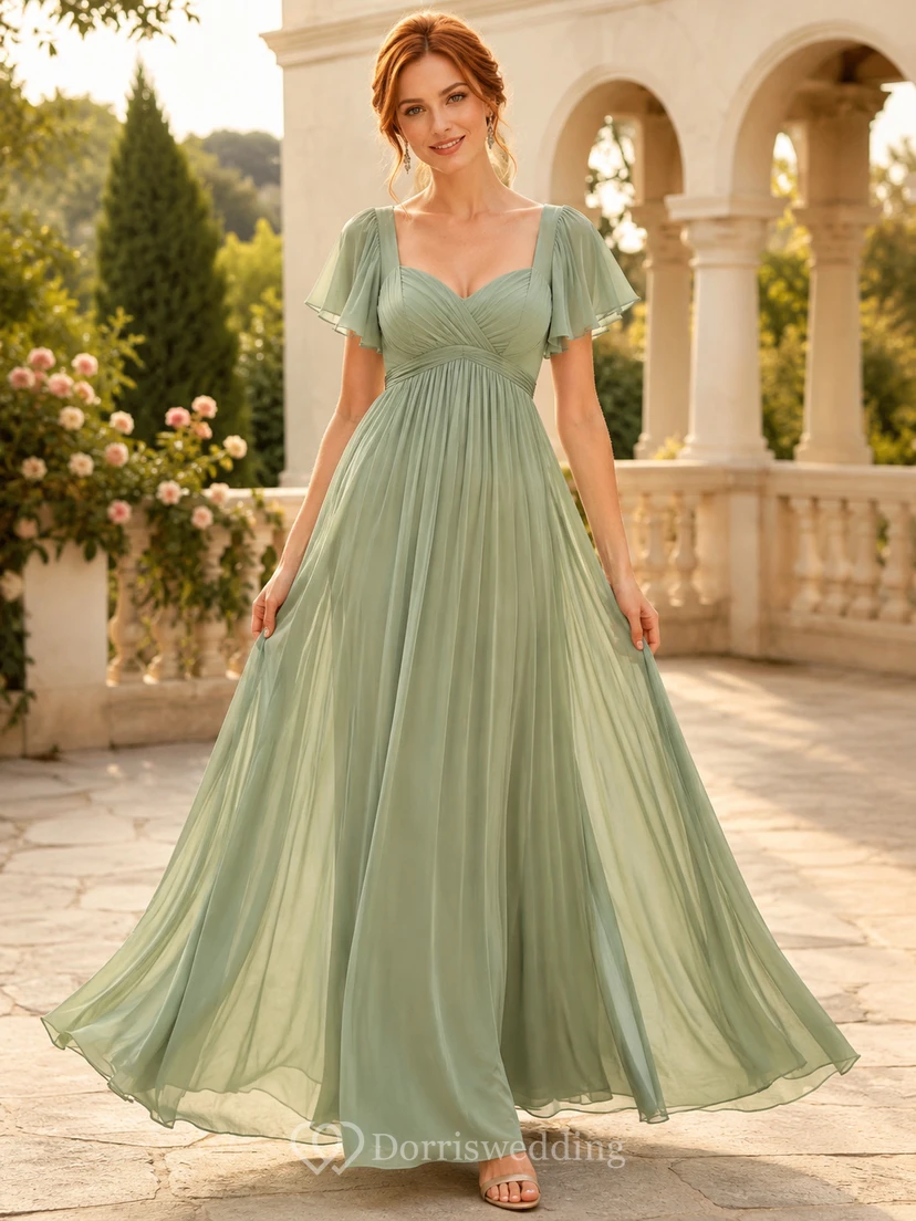 Salbeigrünes Chiffon-Empire-Kleid mit V-Ausschnitt, flatternden Ärmeln