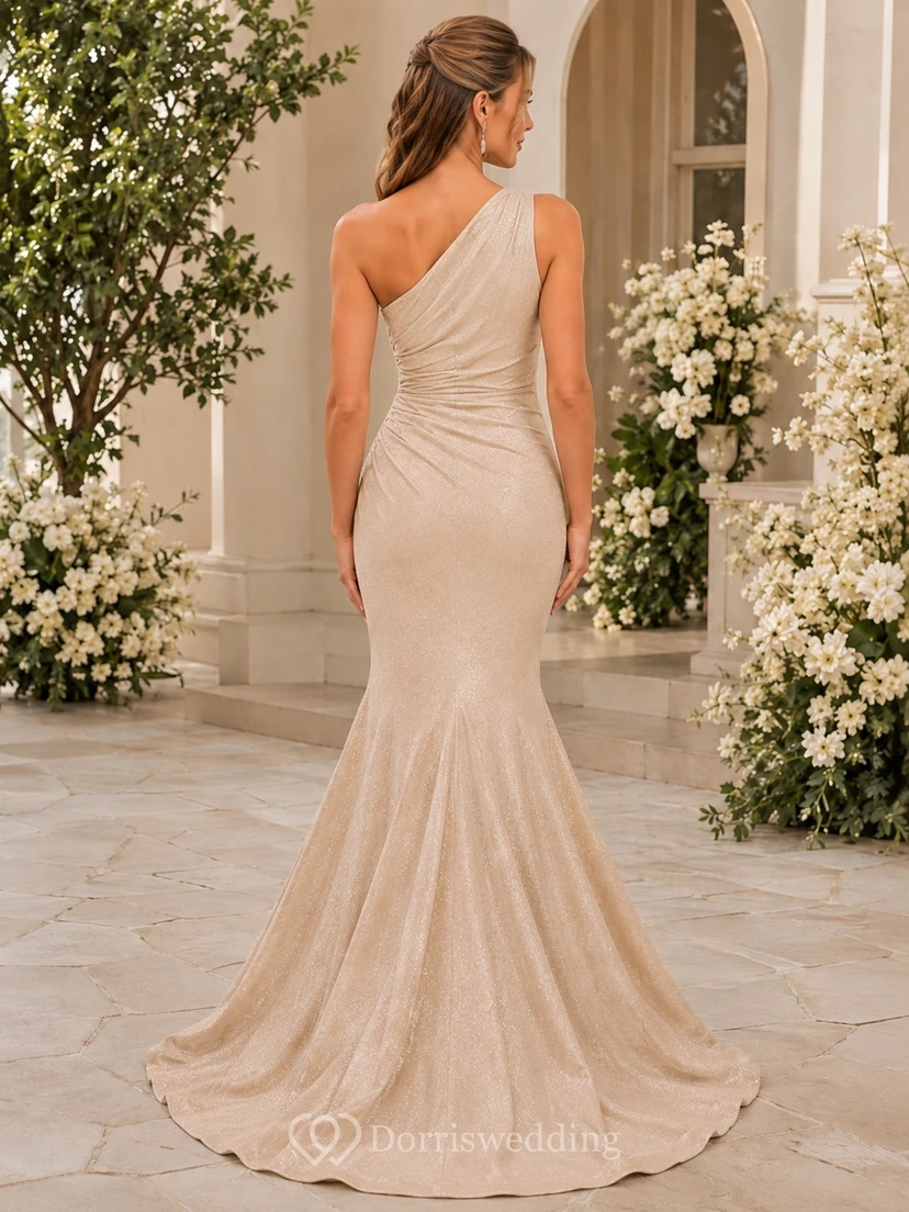 Champagne One Shoulder Draped Satin Mermaid Evening Gown view 2