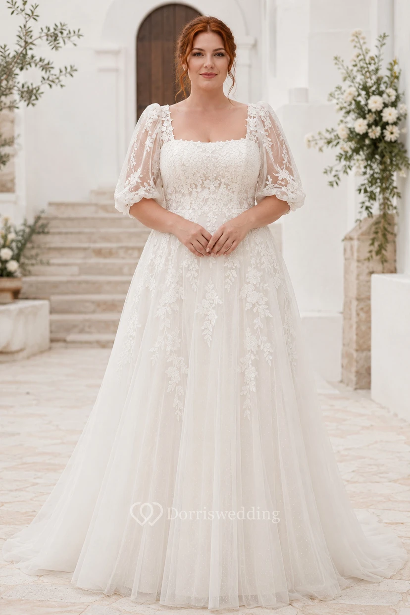 Plus Size Square Neck Puff Sleeve Lace A-Line Wedding Dress