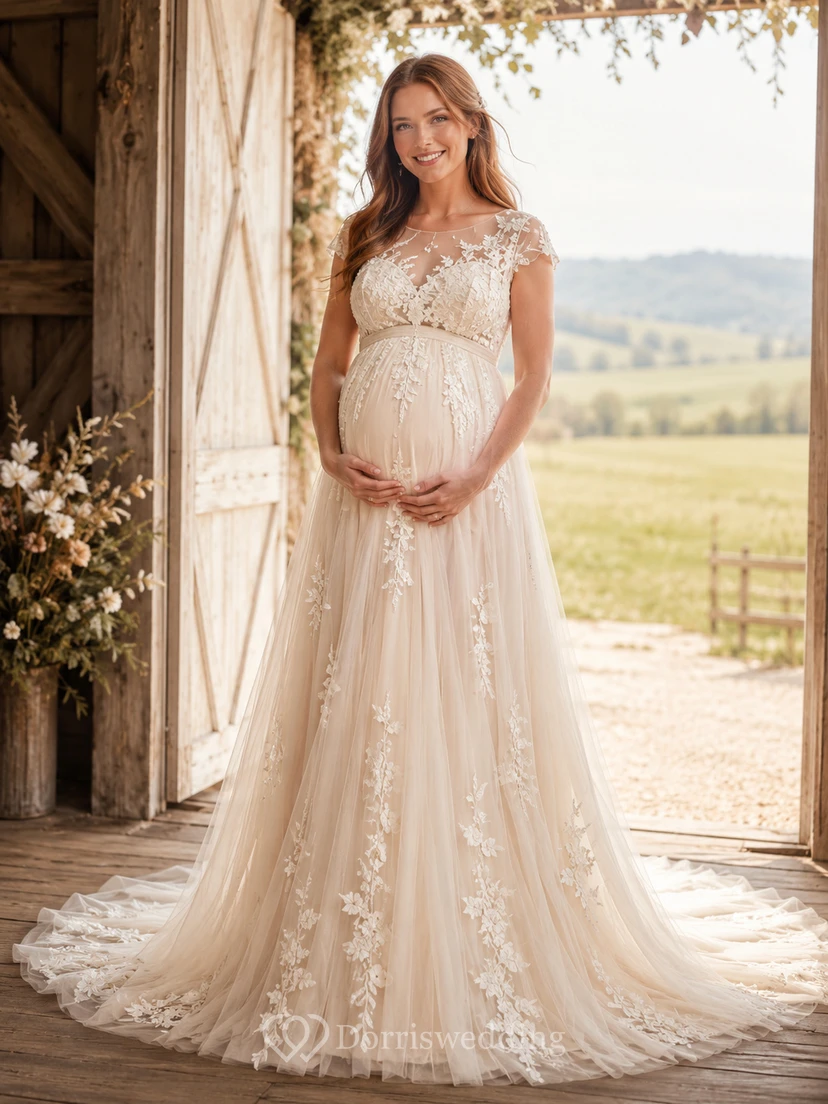 Robe de mariée de maternité à manches courtes en dentelle, style empire, traîne chapelle