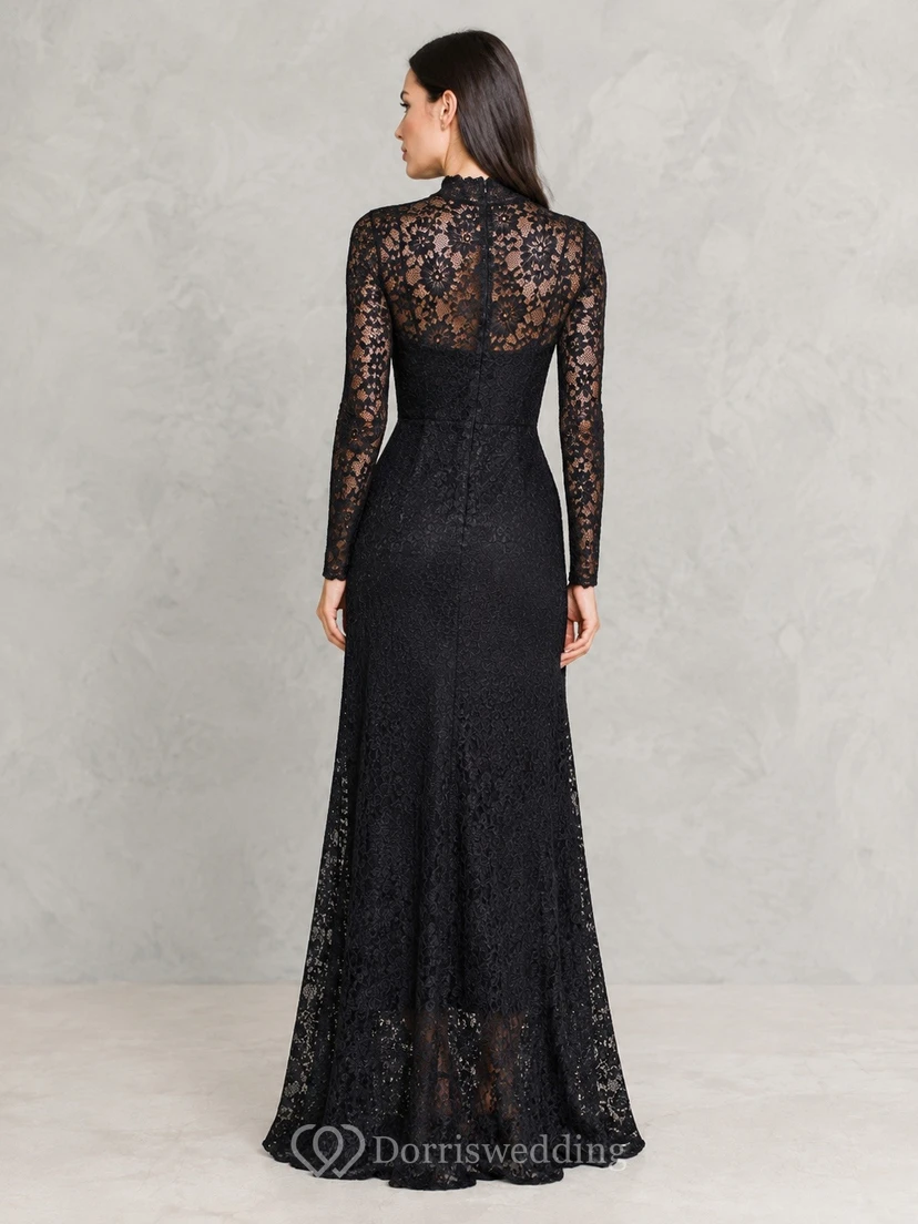 Black Lace High Neck Long Sleeve Mermaid Gown view 2