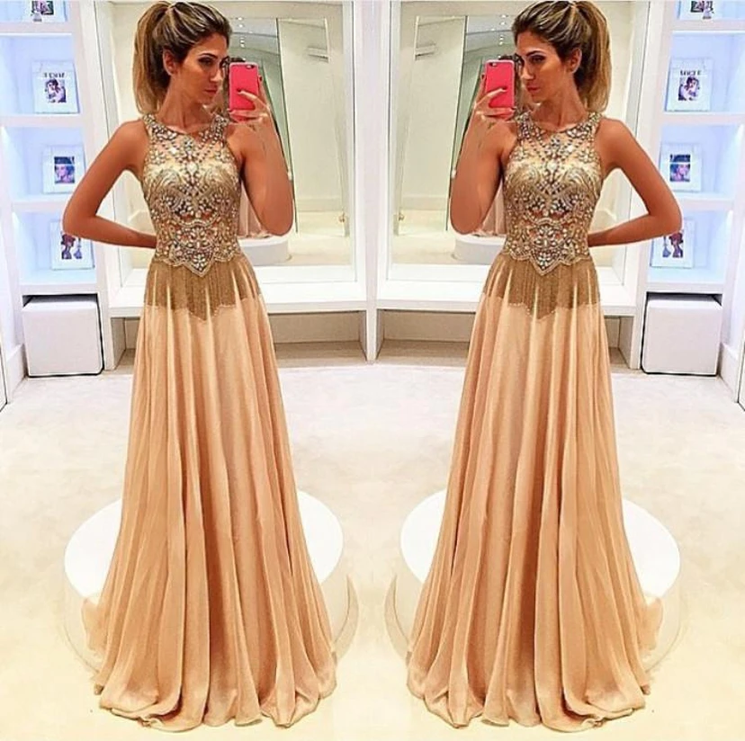 Newest Beadings Chiffon Illusion Prom Dress A-line Sweep Train view 2