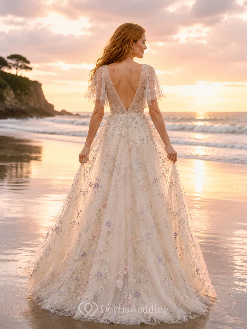 Brautkleid aus Tüll mit flatternden Ärmeln, pastellfarbenem Blumenmuster und Stranddekor view 2