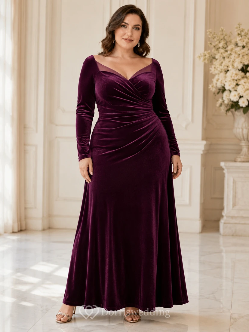 Plum V Neck Long Sleeve Ruched Velvet Floor Plus Size Guest Dress