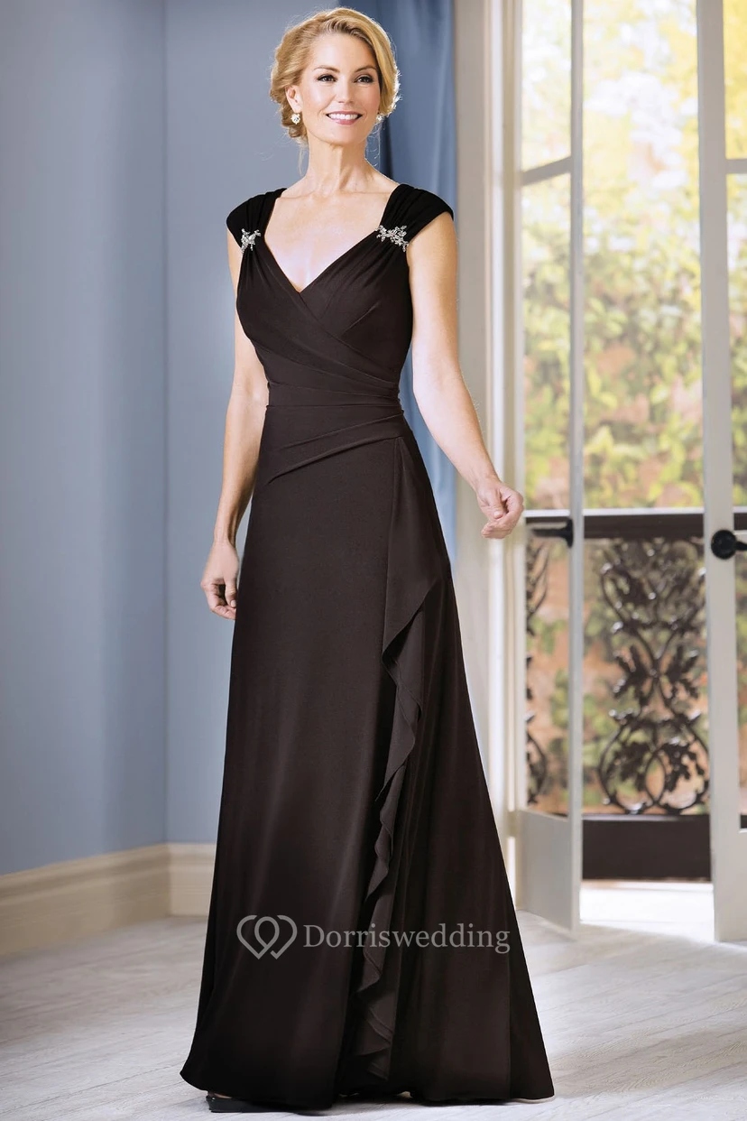 Cap-Sleeved V-Neck Long Mother Of The Bride Dress With Ruffles And Beadings