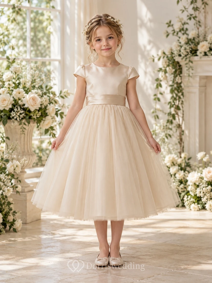 Tea-length Simple Ivory A-line Tulle Cap-sleeve Satin-bodice Bow-back Flower Girl Dress