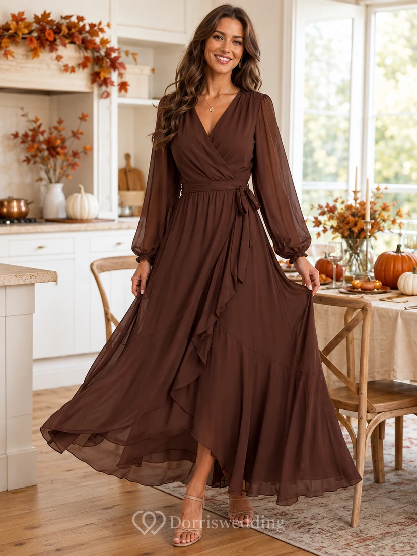 Robe midi portefeuille en mousseline marron chocolat à manches longues
