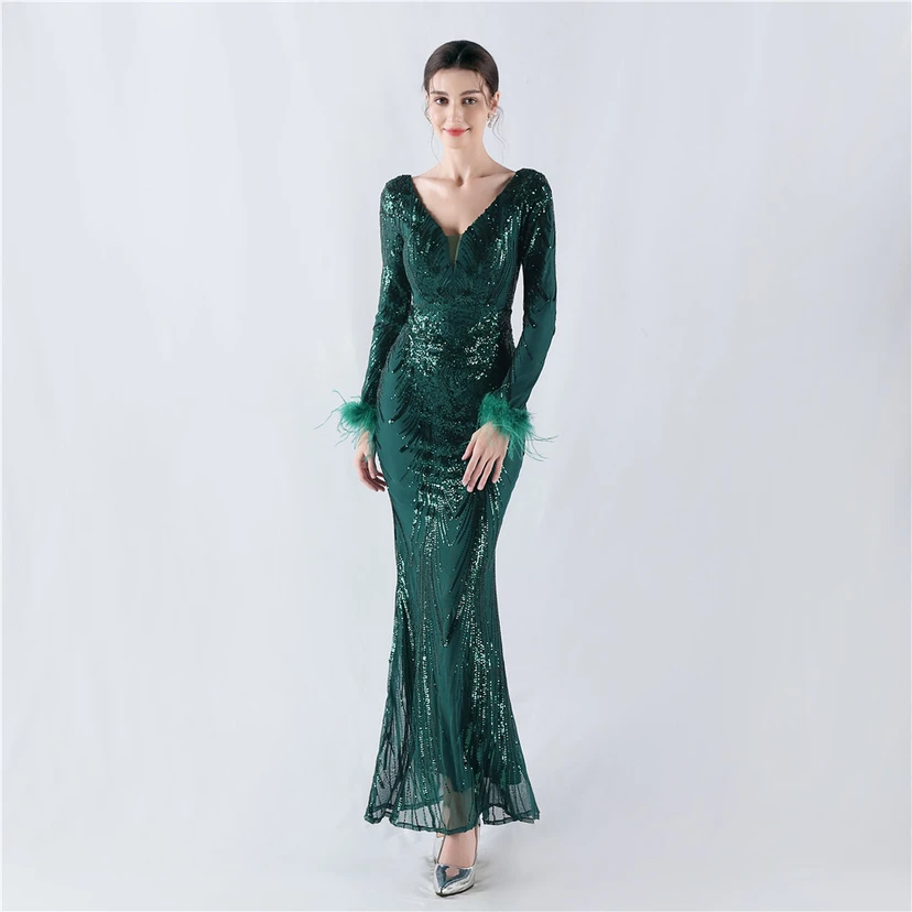 Robe de soirée haut de gamme ornée de perles florales fixes et de poils d'autruche, hôte de la réunion annuelle d'hiver view 47