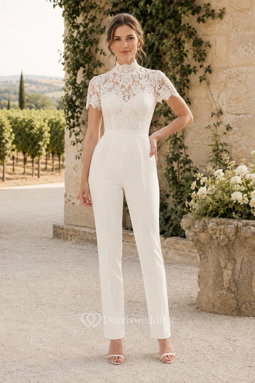 Combinaison de mariée à manches courtes, corsage en dentelle et dos illusion