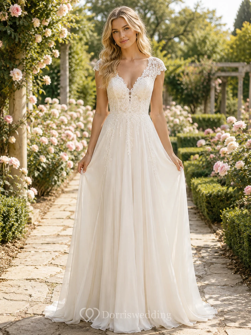 Boho-Brautkleid mit kurzen Ärmeln, Spitzenoberteil und Chiffon