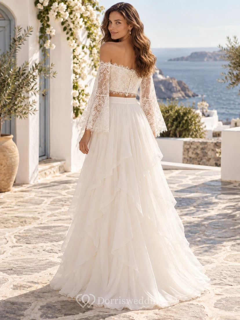 Two Piece Boho Long Bell Sleeve Tiered Chiffon Wedding Dress view 2