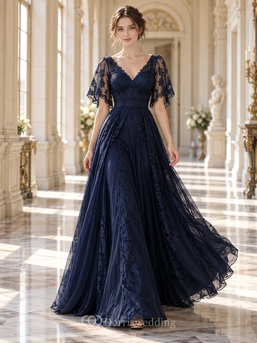 Dark Navy Gothic V-neck Flutter Sleeve Lace Evening Gown