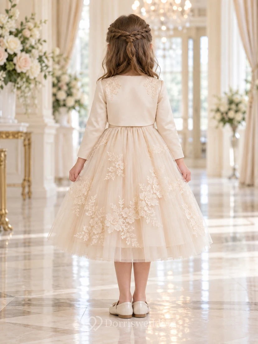 Teelanges champagnerfarbenes Blumenkleid in A-Linie aus Tüll-Satin mit Bolero und Dreiviertelärmeln, blumengemusterter Taille und Blumenapplikationen für Blumenmädchen view 2