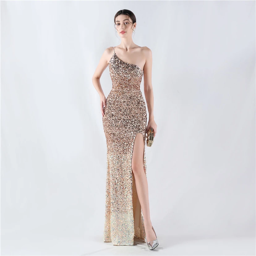 Sexy Abendkleid mit Samtsaum, Farbverlauf, Pailletten, hohem Schlitz und schräger Schulterpartie view 15