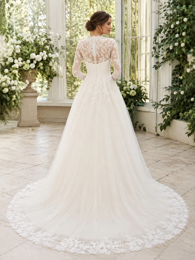 Modest Lace Tulle Wedding Dress Ball Gown Jewel Neck Long Sleeve Sweep Train Bridal Gown view 2