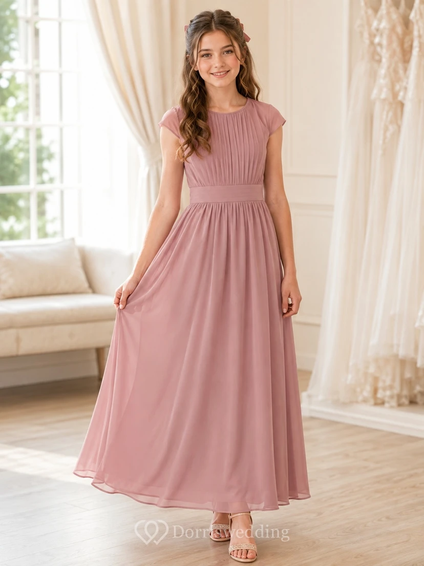 Elegantes Brautjungfernkleid in Altrosa, A-Linie, mit Strasssteinen, kurzen Ärmeln und kurzen Ärmeln aus Chiffon.