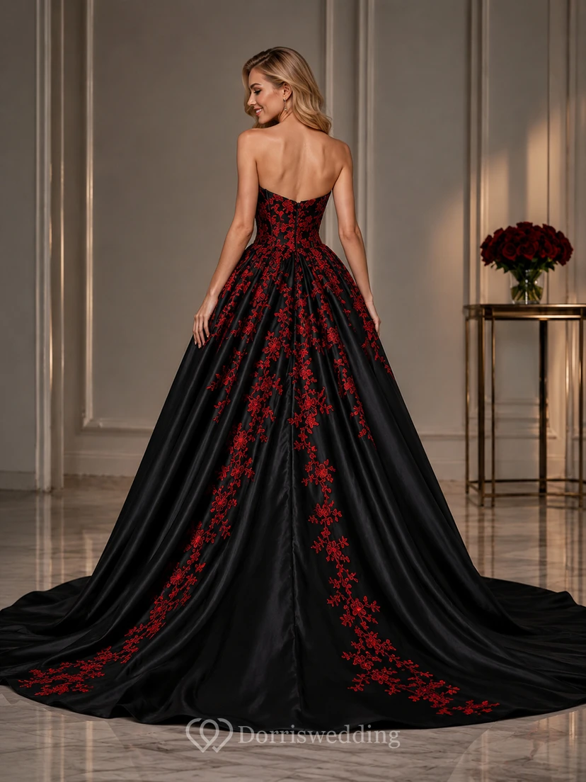 A-Line Floor-Length Sweetheart Appliques Chapel Train Zipper Corset Back Lace Satin Dress view 2