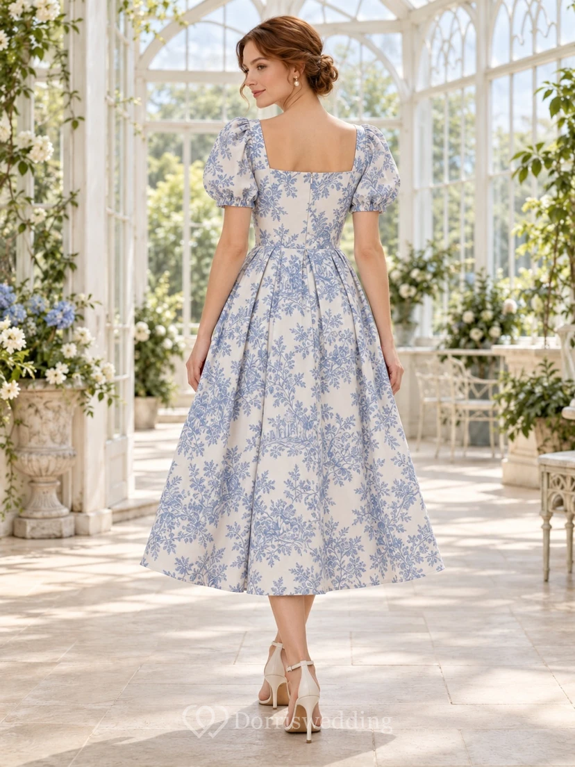 Vestido de invitada de corte A, largo midi, con estampado toile azul pizarra, escote cuadrado y mangas abullonadas. view 2