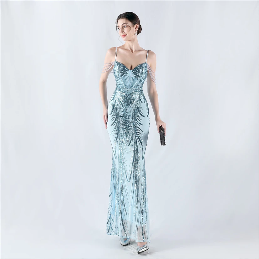 Waist-Reduced Fishbone Shaping Positioning Flower Sequined Anchor Sexy Beaded Suspender Evening Dress view 65