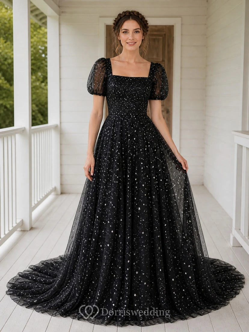 Black Luxury Puff Sequin Ball Gown Square Neck Short Sleeve Floor-length Evening Dress