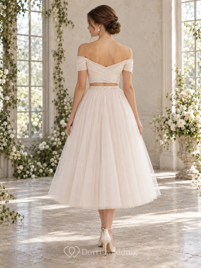Tea-length Two Piece Off Shoulder Wrapped Pearl Wedding Dress view 2