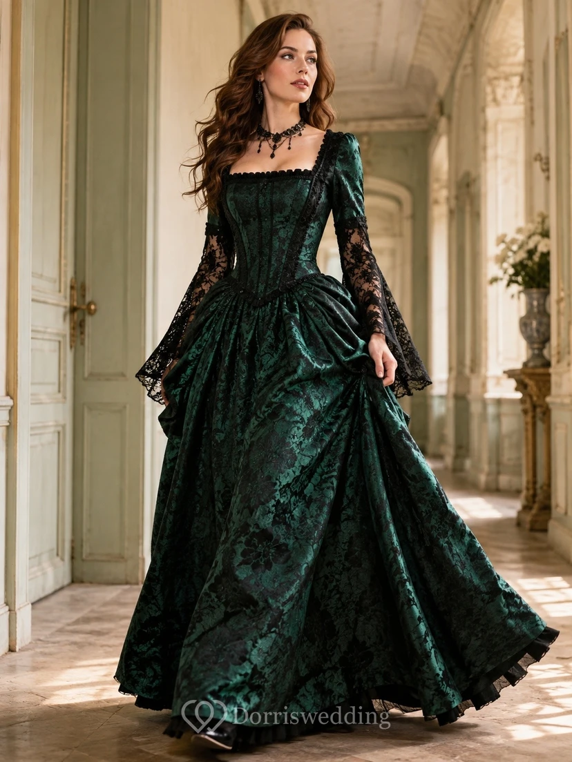 Vestido de gala largo de terciopelo verde con escote cuadrado y mangas largas, estilo vintage, de lujo.