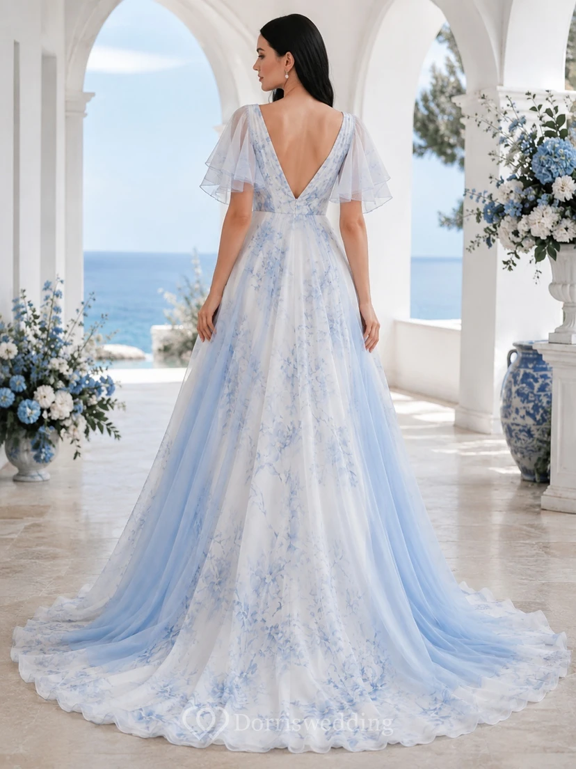 Sky Blue Airy A-Line V-Neck Flutter Sleeve Chiffon Bohemian Wedding Gown view 2