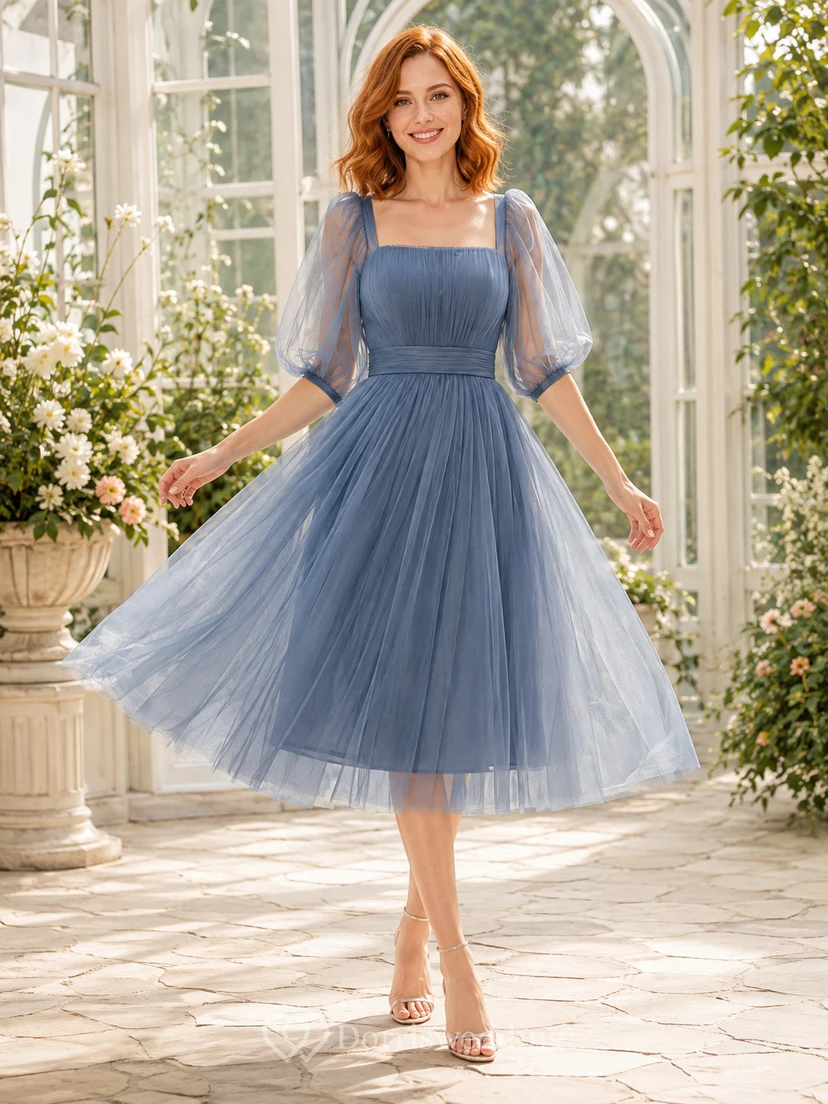 Steel Blue Square-Neck Puff-Sleeve Tulle A-Line Tea-Length Bridesmaid Dress Romantic