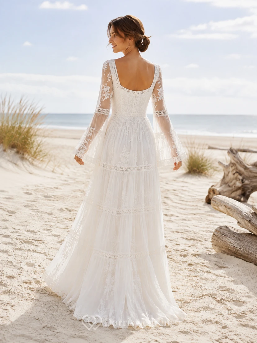 Boho-Hochzeitskleid im ibizenkischen Stil: A-Linie, eckiger Ausschnitt, lange Glockenärmel, Stufenrock view 2