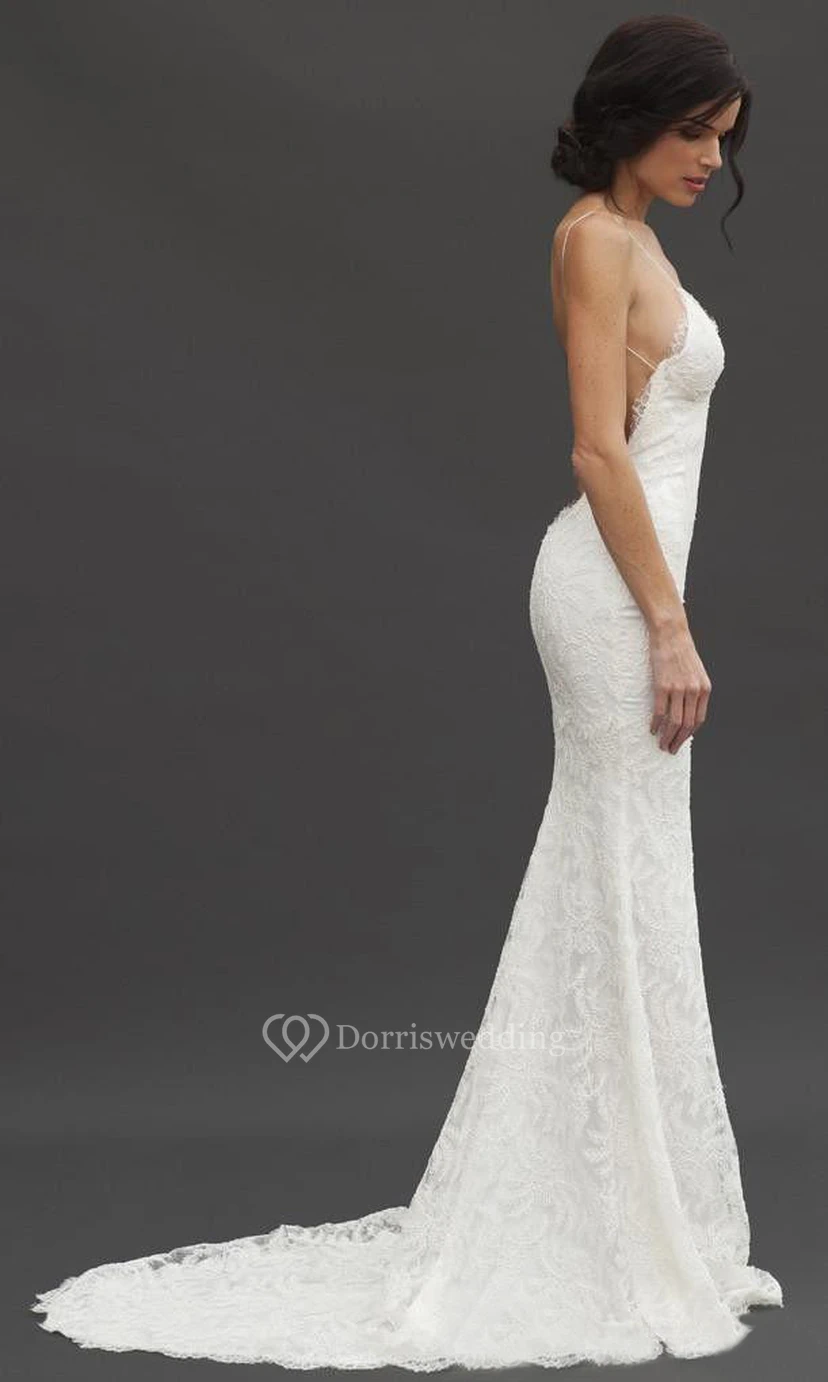 Mermaid Mini Spaghetti Straps Sleeveless Bell Ruffles Court Train Backless Zipper Lace-Up Back Straps Lace Dress view 6